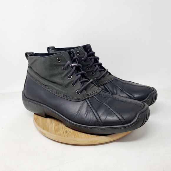 J Crew Duck Boots Mens 10 Waxed Canvas Black Leather Retro Lace Up Ankle Shoes - Picture 7 of 16